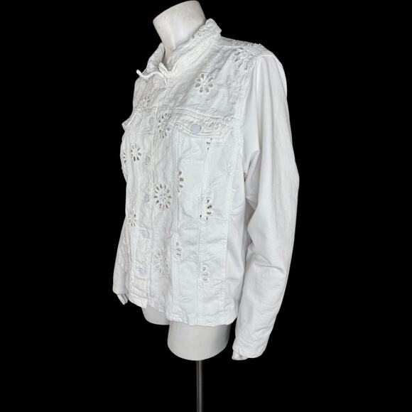 Belle by Kim Gravel Eyelet Jacket with Knit Sleeves and Back White Large - Picture 5 of 14
